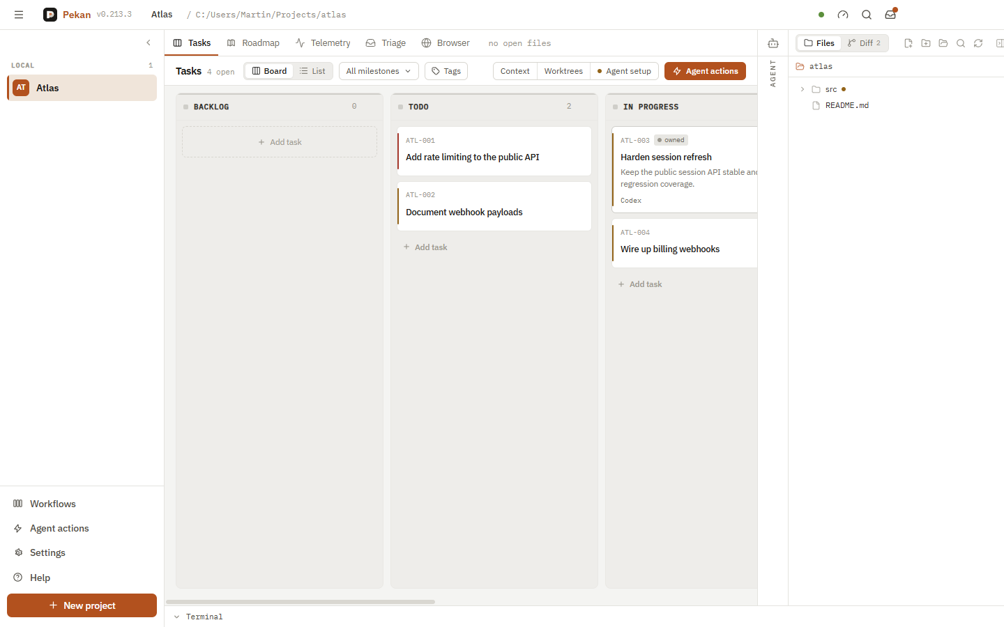 The Tasks board: columns, priorities and an agent-owned card in progress.