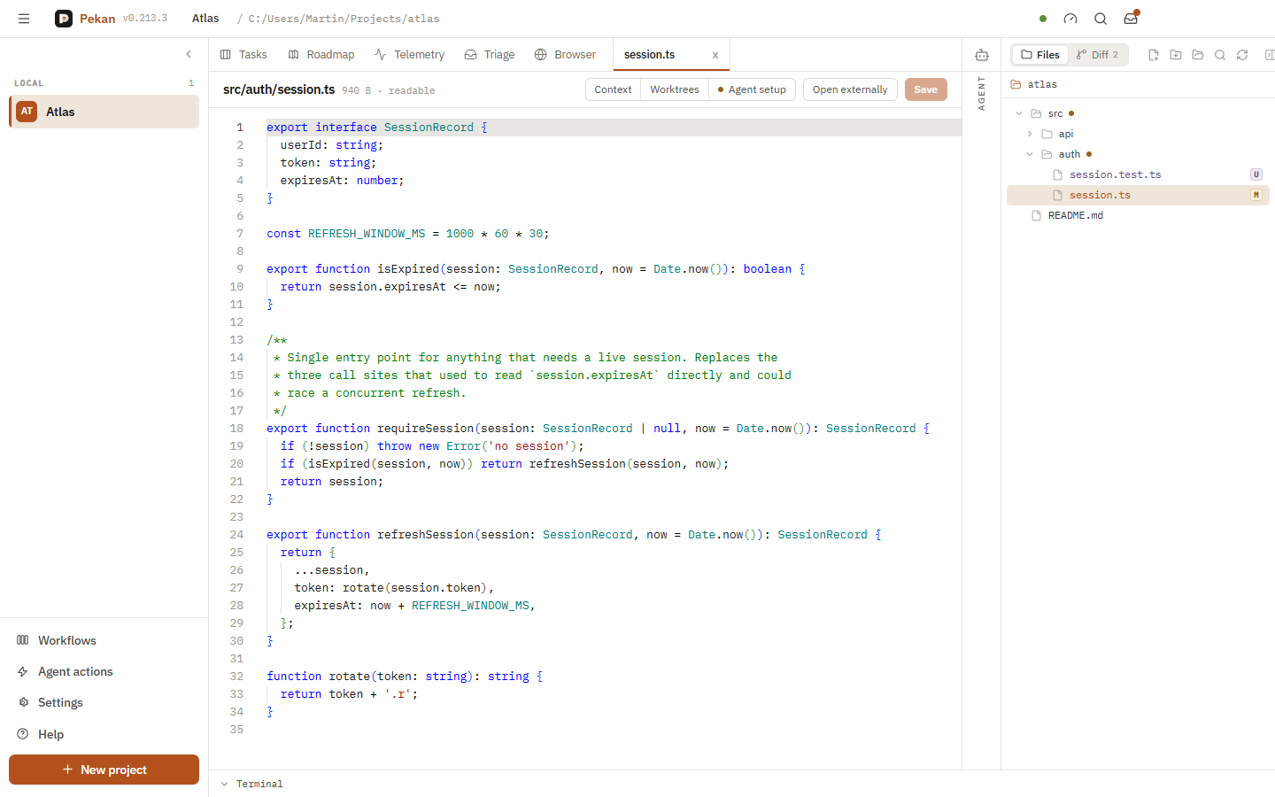 The Workspace file tree and editor, open on a real source file.